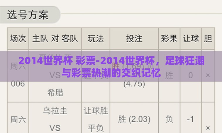 2014世界杯 彩票-2014世界杯，足球狂潮与彩票热潮的交织记忆